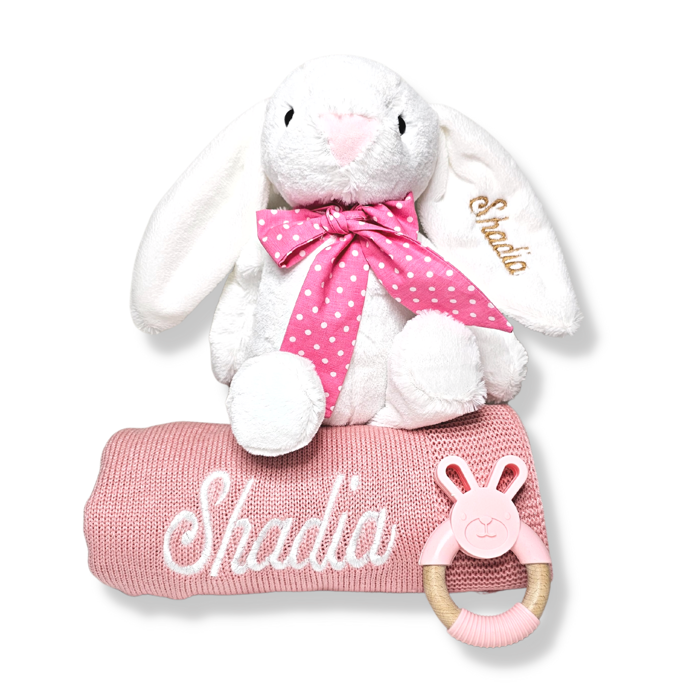 Set de conejo con frazada, mordedera y caja personalizada