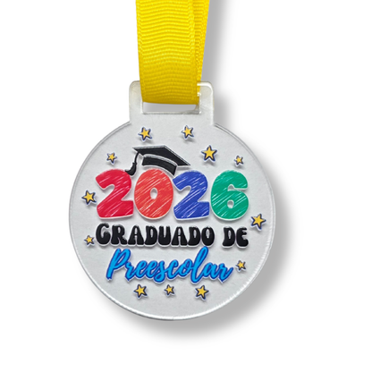 Set de 10 Medallas Graduación 2026 Acrílico 6cm: Diseños para Kinder, Primaria y Secundaria. Listón Amarillo (Copia)