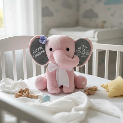 Elefante de Peluche con Nombre y Datos de Nacimiento. Regalo para Bebés