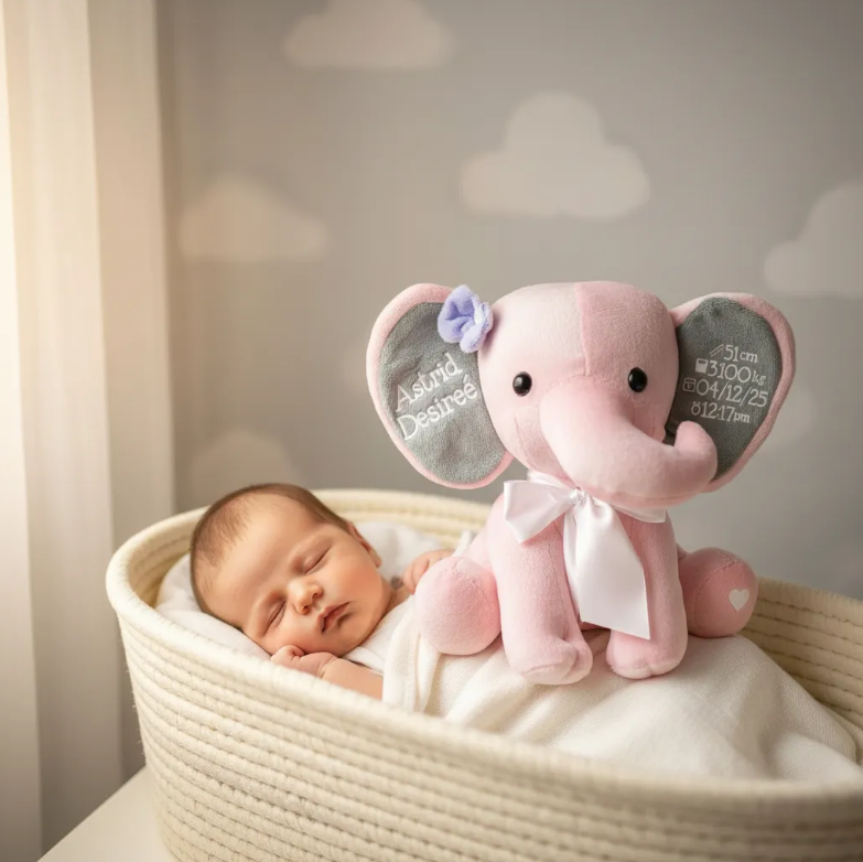 Elefante de Peluche con Nombre y Datos de Nacimiento. Regalo para Bebés