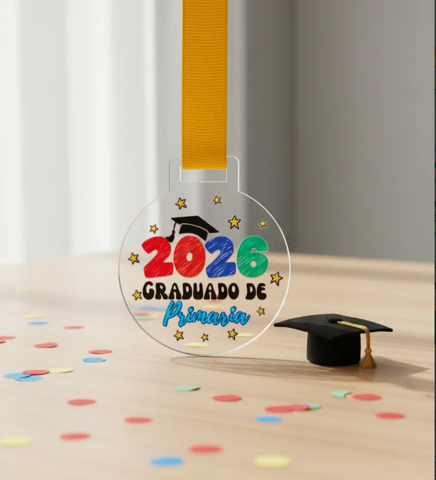 Set de 20 Medallas Graduación 2026 Acrílico 6cm: Diseños para Kinder, Primaria y Secundaria. Listón Amarillo (Copia) (Copia)