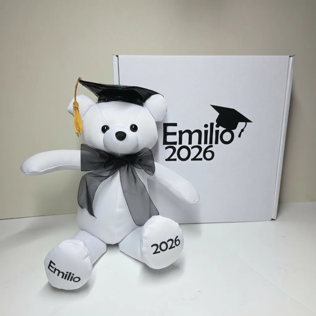 Oso de Peluche Blanco 30cm para Firmas: Graduación 2026 con Birrete y Medalla Grabada Personalizada