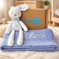 Set de Regalo Bebé Personalizado: Cobija Tejida y Conejo de Peluche. Ideal Recién Nacido y Bautizo