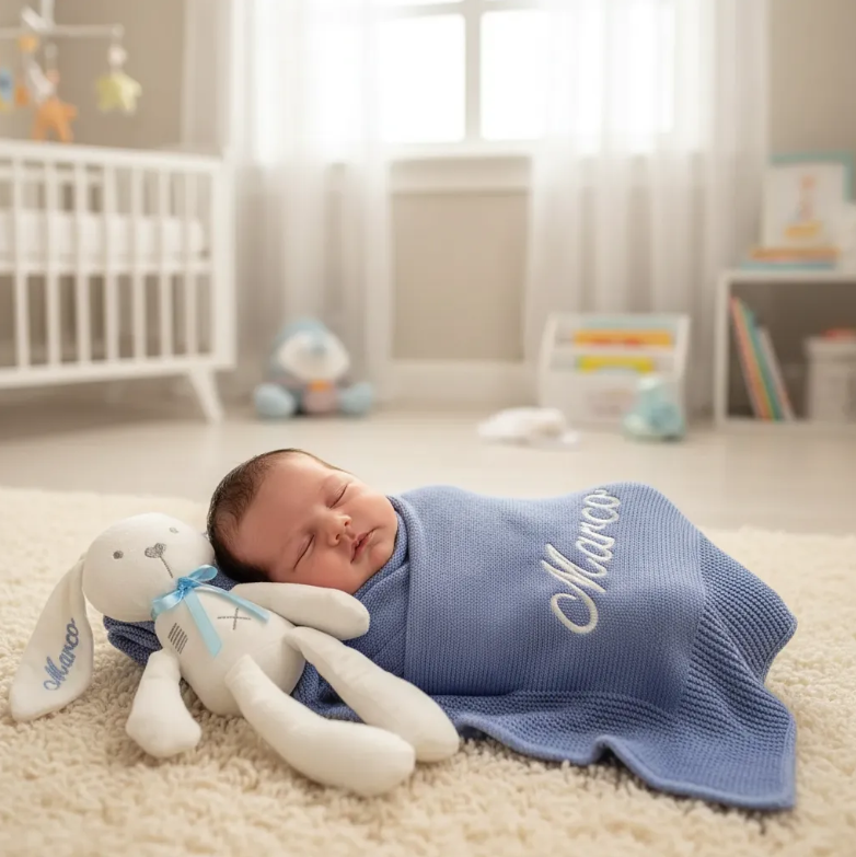 Set de Regalo Bebé Personalizado: Cobija Tejida y Conejo de Peluche. Ideal Recién Nacido y Bautizo