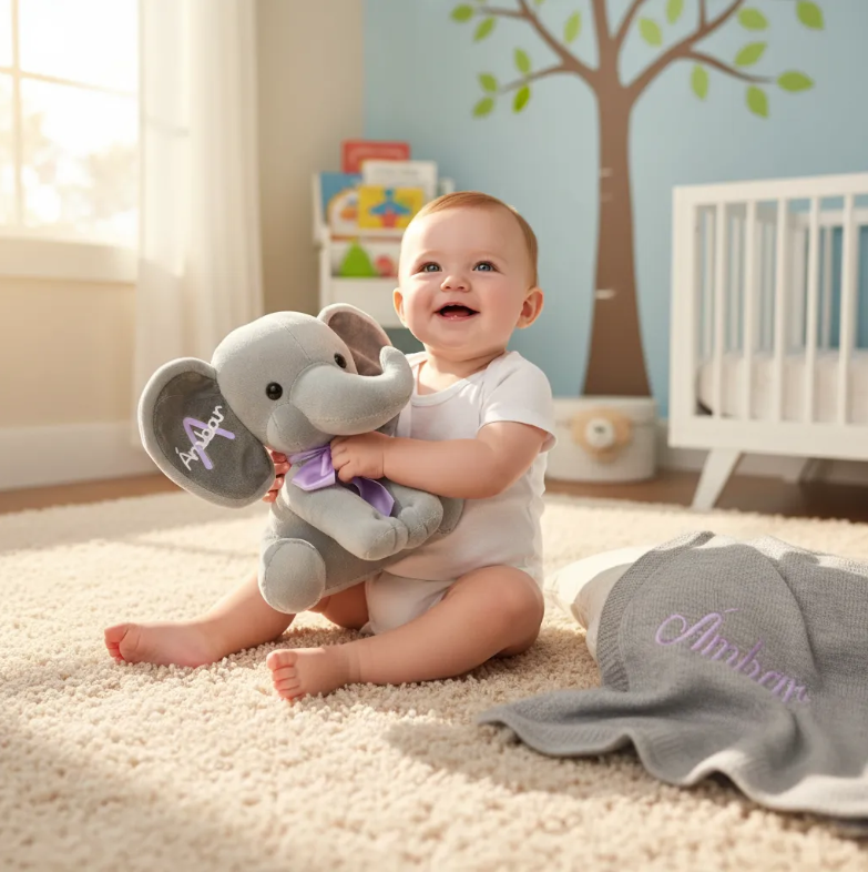 Set de Regalo Personalizado para Bebé: Peluche Elefante y Frazada con Nombre. Ideal para Bautizo y Recién Nacidos