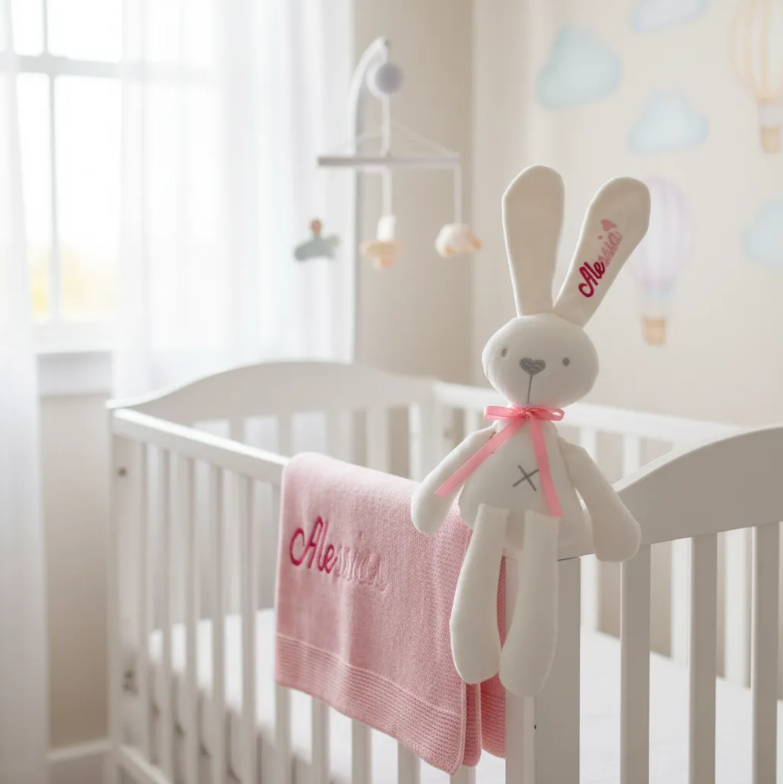 Set de Regalo Bebé Personalizado: Cobija Tejida y Conejo de Peluche. Ideal Recién Nacido y Bautizo