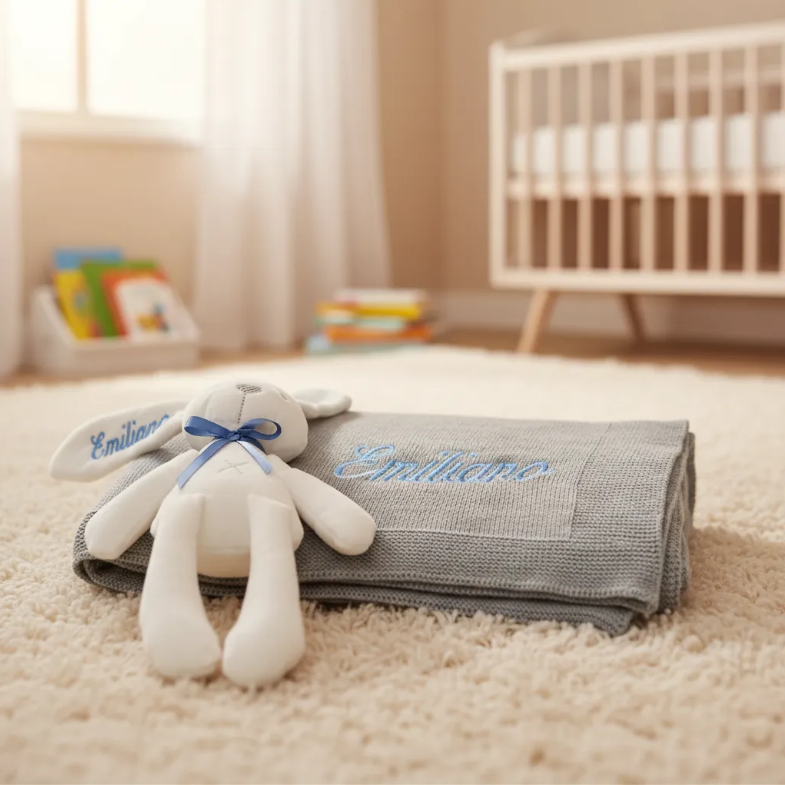 Set de Regalo Bebé Personalizado: Cobija Tejida y Conejo de Peluche. Ideal Recién Nacido y Bautizo